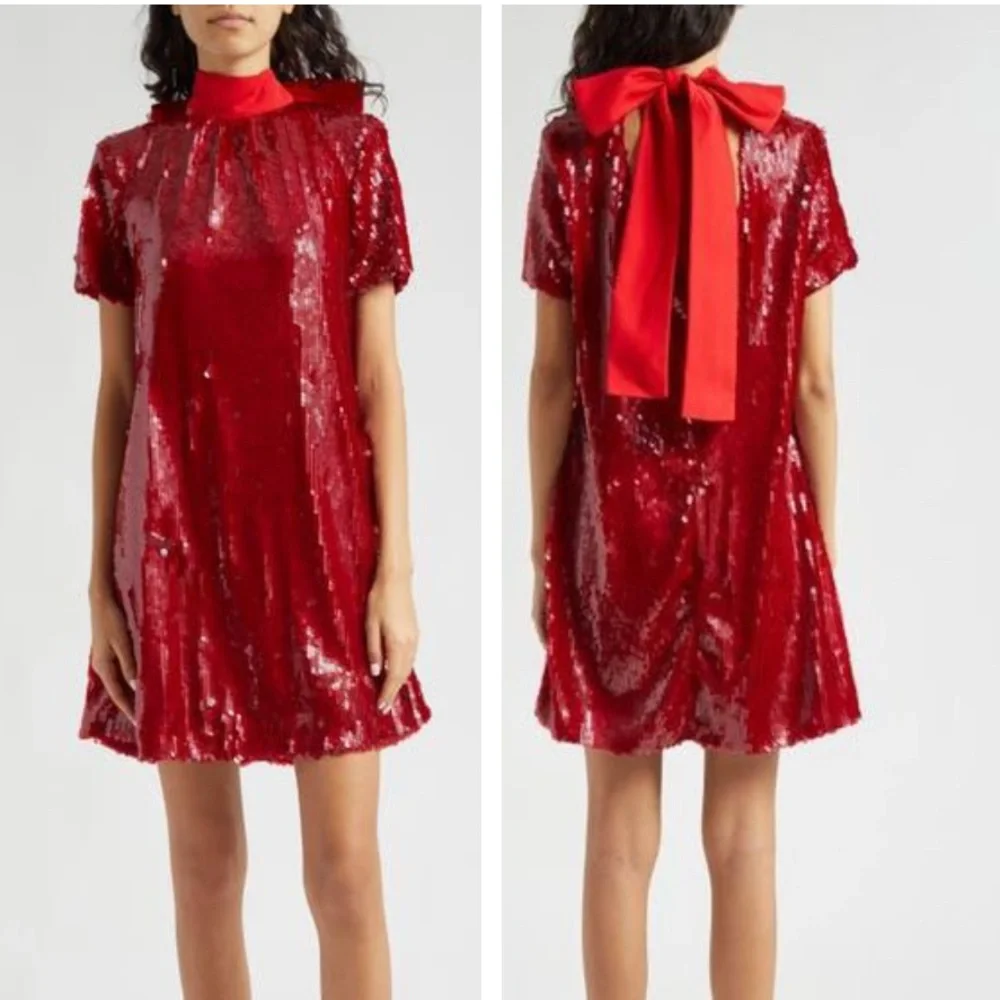 Staud Ilana red sequin bow back shift dress